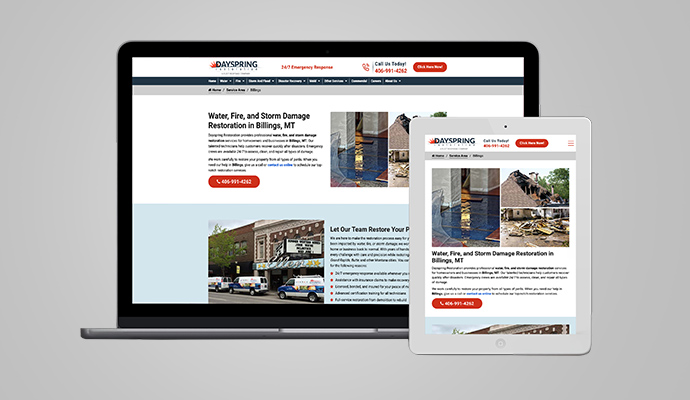 Dayspring Restoration website content mockup on a laptop and tablet
